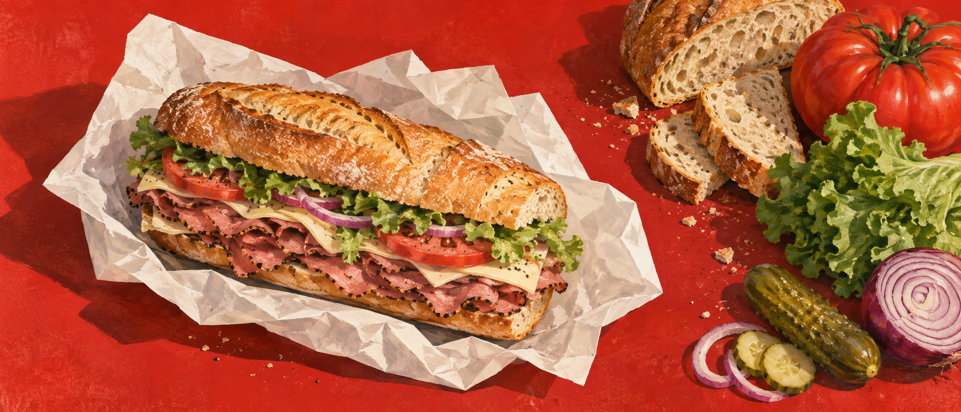 Illustrative still-life of a wrapped deli sandwich on a red tabletop